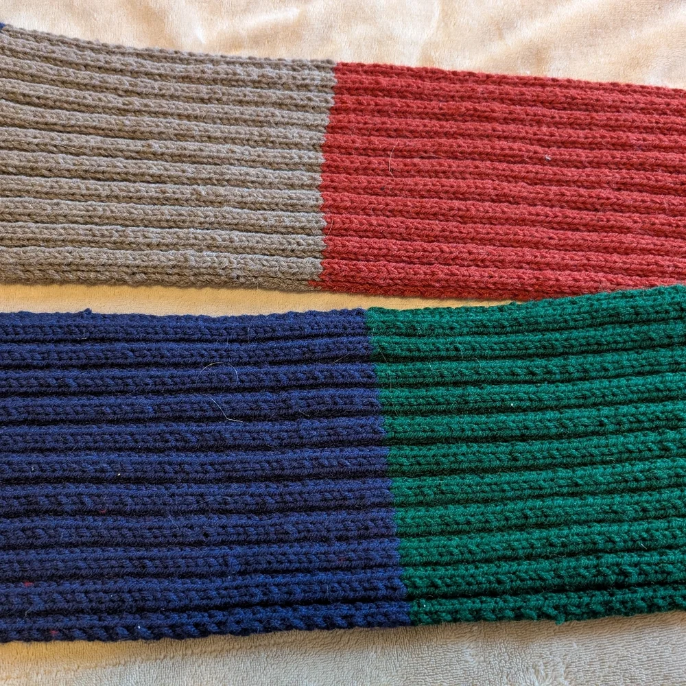 Hand Knit Ribbed Dr. Who Style Color Block Scarf With Fringe
